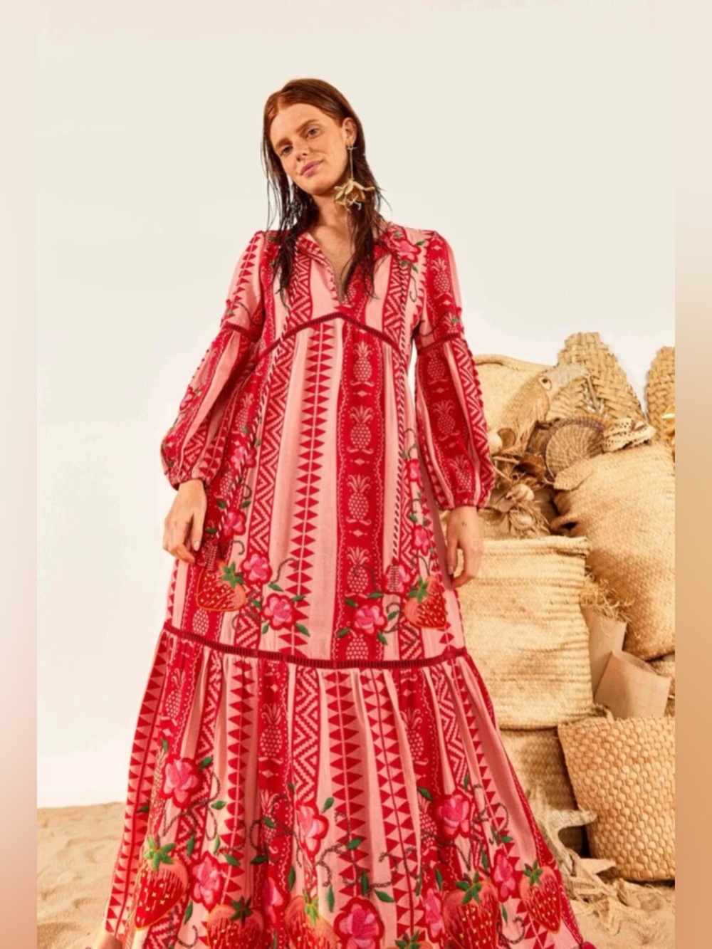 NWT Farm Rio Red And Pink Embroidered Strawberry Pineapple Jacquard Dress XS